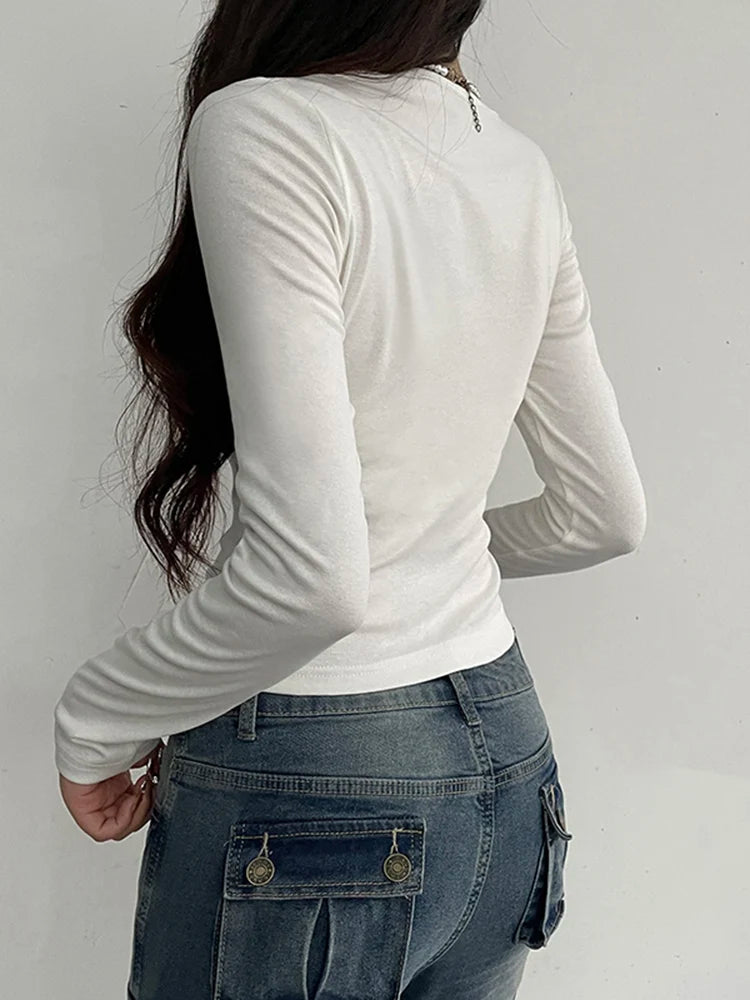 Rockmore Lace Stitching Kawaii T-Shirts Long Sleeve Spring Autumn Women Slim Casual Square Collar Basic Bottoming Pullover Tops