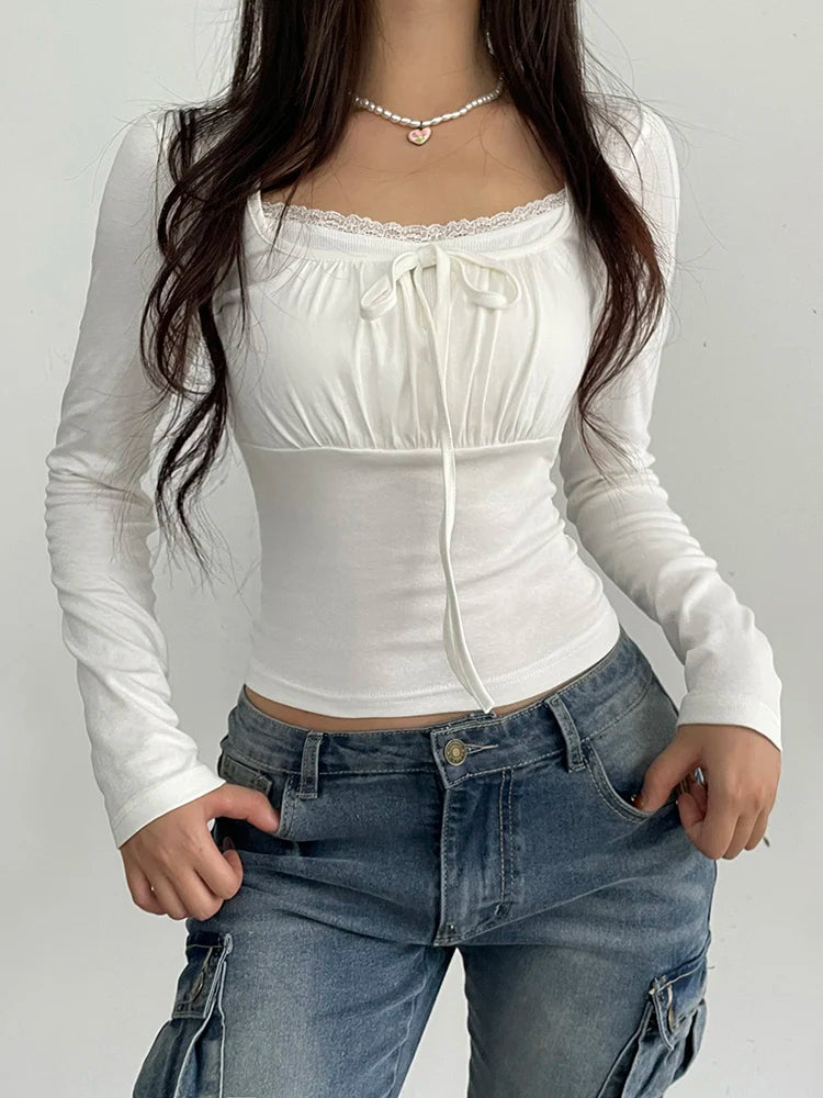 Rockmore Lace Stitching Kawaii T-Shirts Long Sleeve Spring Autumn Women Slim Casual Square Collar Basic Bottoming Pullover Tops