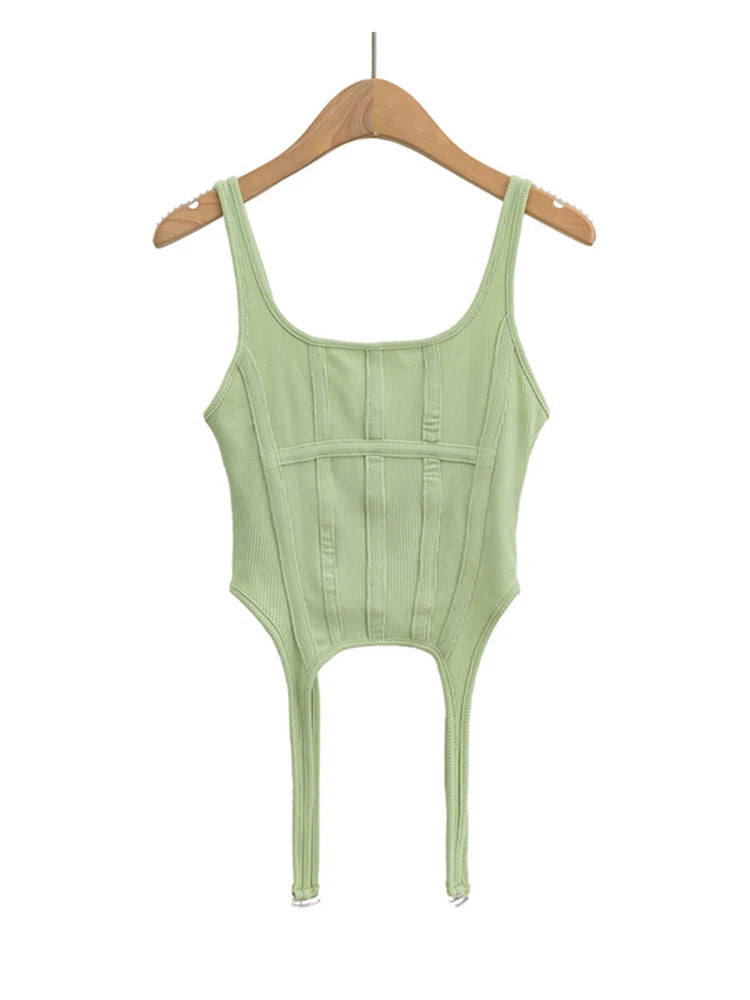Fishbone Thread Safari Style Vest Irregular Hook Bottomed Shirt For Women Square Neck Sexy Sleeveless Sort Tops