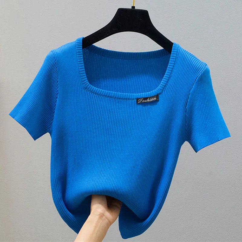 Square Collar Knitted T Shirt For Women Short Sleeve Tshirts Basic Slim Crop Tops Mujer Summer Korean Fashion Woman Clothing