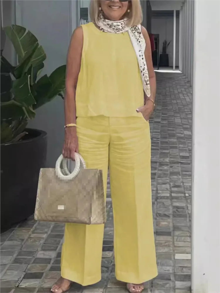 Conjuntos Para Mujeres 2 Piezas Outfit Linen Cotton Clothing Loose Sleeveless Top Wide Leg Pants Two-piece Set Casual Wear