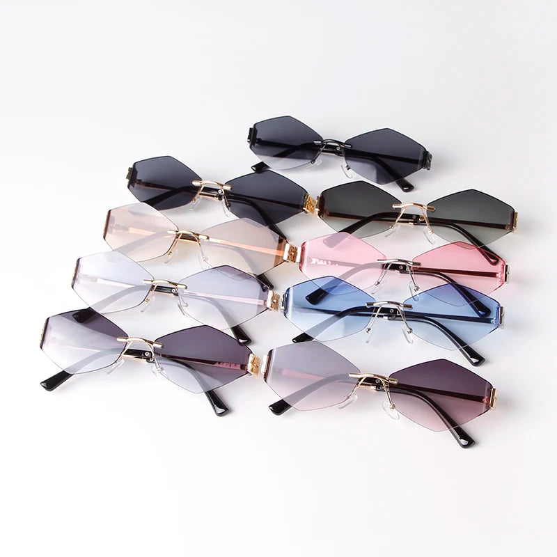 Trend Hexagon Rimless Sunglasses Women Men Brand Designer Gradient blue lens Polygon Metal Frame Driving Sun Glasses Shades Male