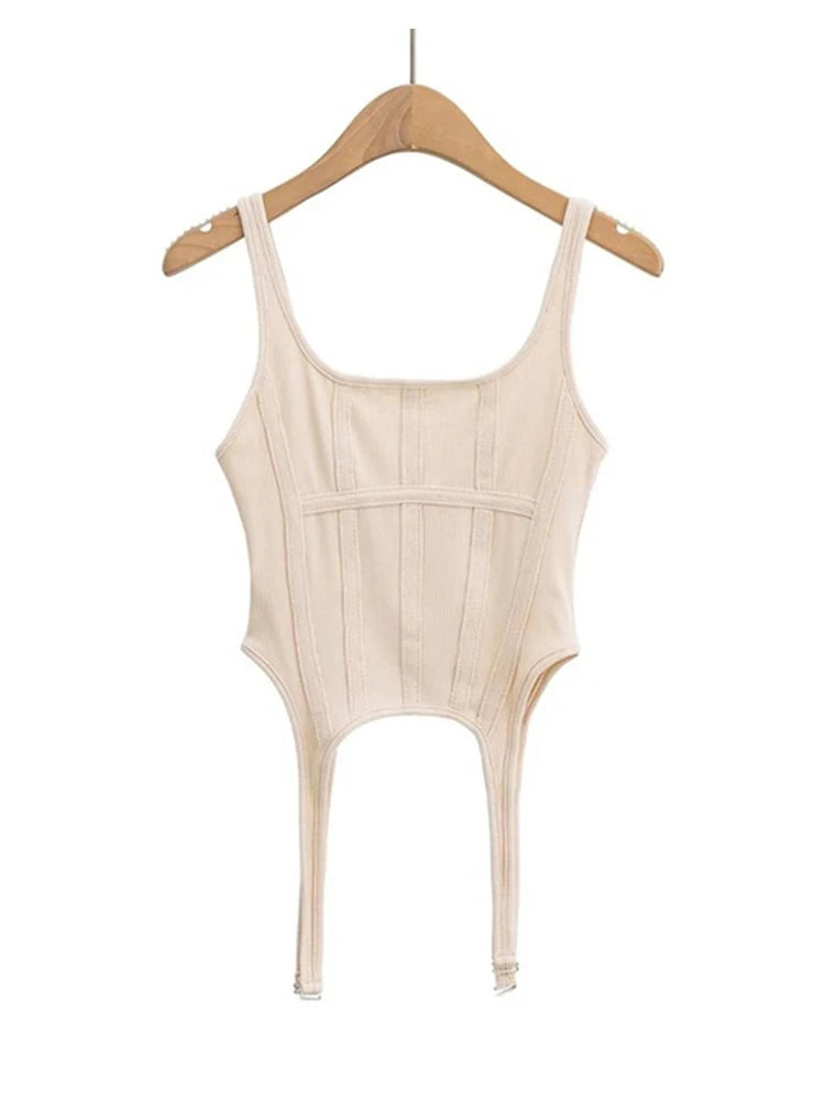Fishbone Thread Safari Style Vest Irregular Hook Bottomed Shirt For Women Square Neck Sexy Sleeveless Sort Tops
