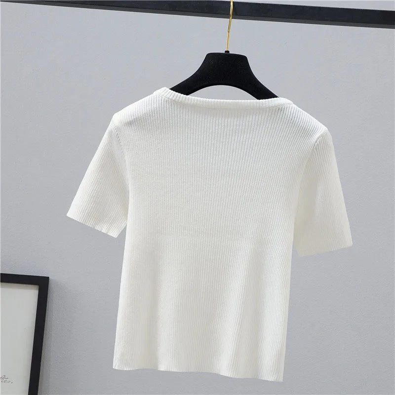 Square Collar Knitted T Shirt For Women Short Sleeve Tshirts Basic Slim Crop Tops Mujer Summer Korean Fashion Woman Clothing