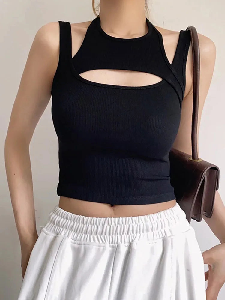 Asymmetrical Crop Top y2k E-girl Hollow Out Knitted Corset Top Sleeveless O Neck Mini Vest Basic Casual Sporty Summer