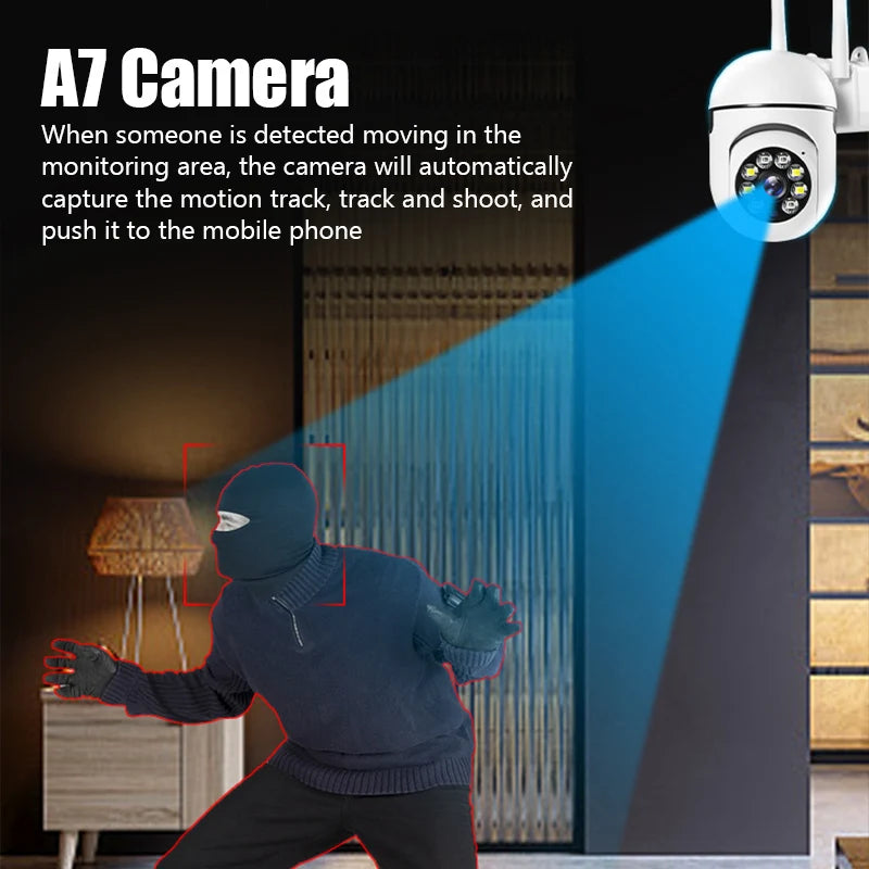 A7 Wifi Camera Outdoor Wireless Security Surveillance AI Human Tracking Two Way Audio Night Color 2.4G 1MP Camera with charger