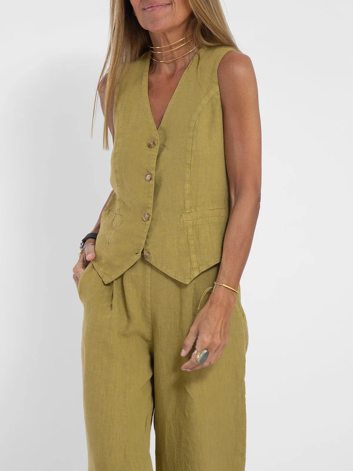 Spring Summer Suit Set Women'S Cotton Linen Wide Leg Suit Set With Sleeveless Vest Long Pants Casual Fashion Outfit 2024 New