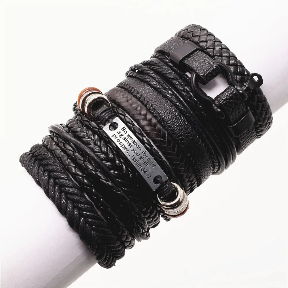 WESTBULL10pcs/set Men Leather Bracelets Set Tree Rivets Charm Multi-layer Brown Black Wrap Bracelet & Bangles