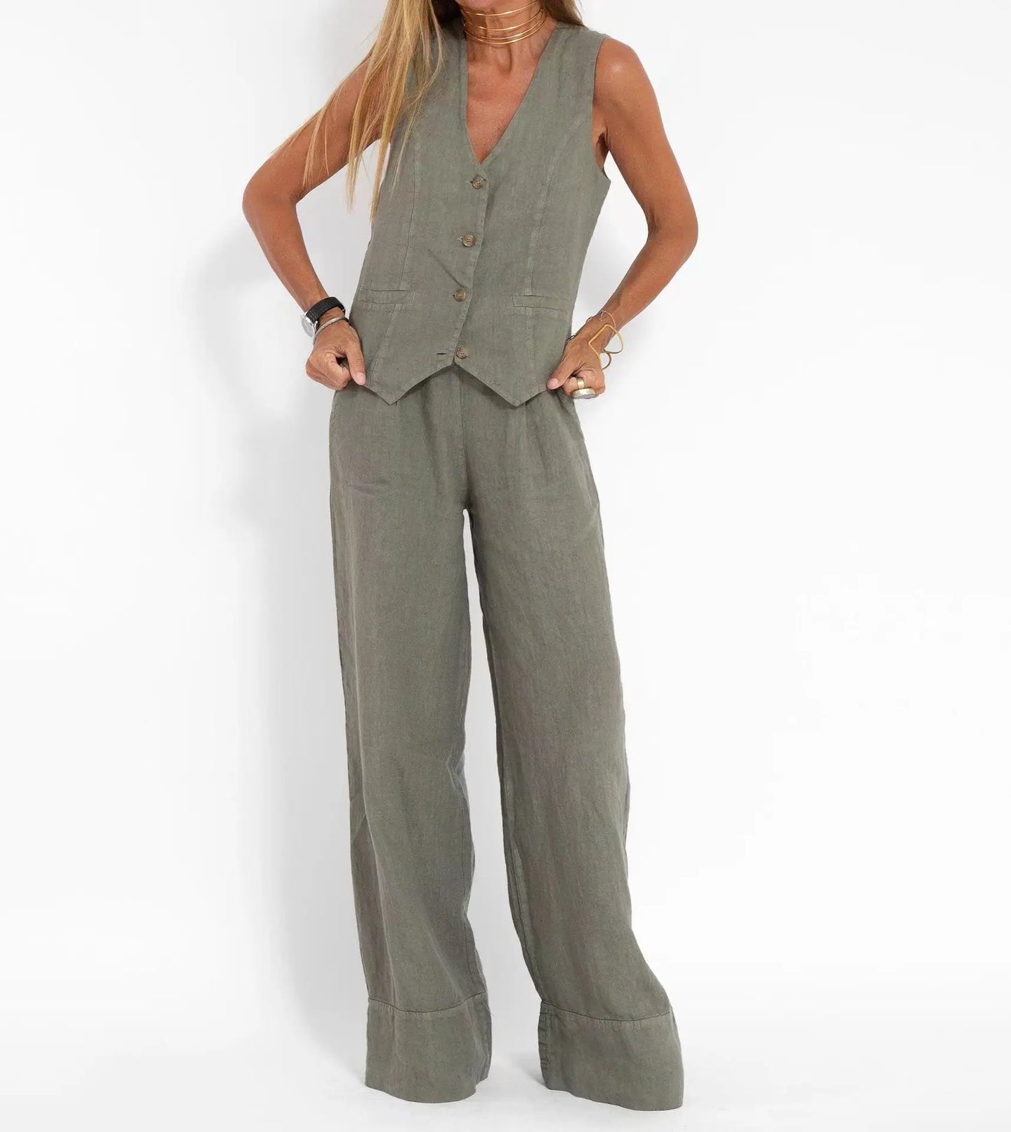 Spring Summer Suit Set Women'S Cotton Linen Wide Leg Suit Set With Sleeveless Vest Long Pants Casual Fashion Outfit 2024 New