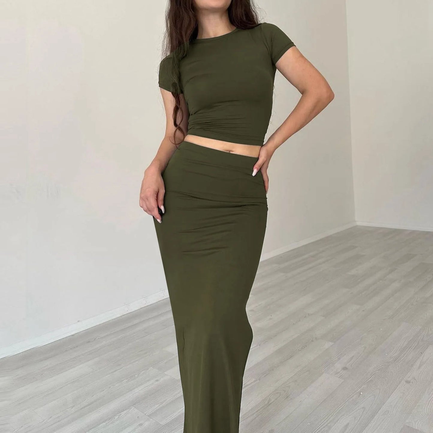 Office Lady Solid Color Long Skirt Two Piece Set Women Short Sleeves Cropped T Shirt Hip Wrap Skirt Sets 2 Piece Streetwear