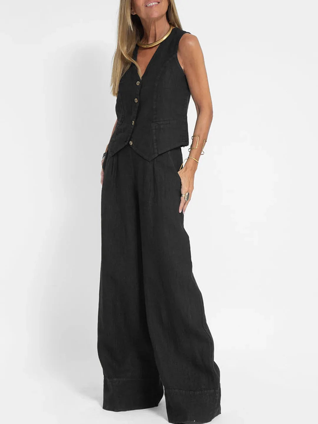 Spring Summer Suit Set Women'S Cotton Linen Wide Leg Suit Set With Sleeveless Vest Long Pants Casual Fashion Outfit 2024 New