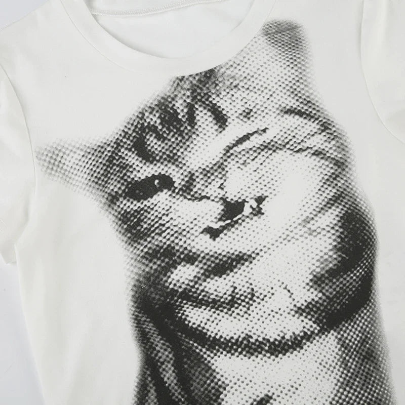 Harajuku Animal Print Crop Top Basic White Short Sleeve Crewneck T-shirt Women Casual Slim-fitting Tees Lady Vintage Style