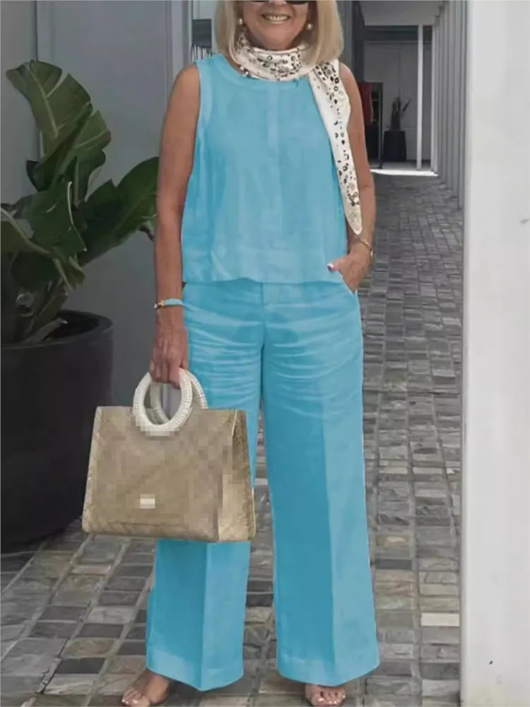 Conjuntos Para Mujeres 2 Piezas Outfit Linen Cotton Clothing Loose Sleeveless Top Wide Leg Pants Two-piece Set Casual Wear
