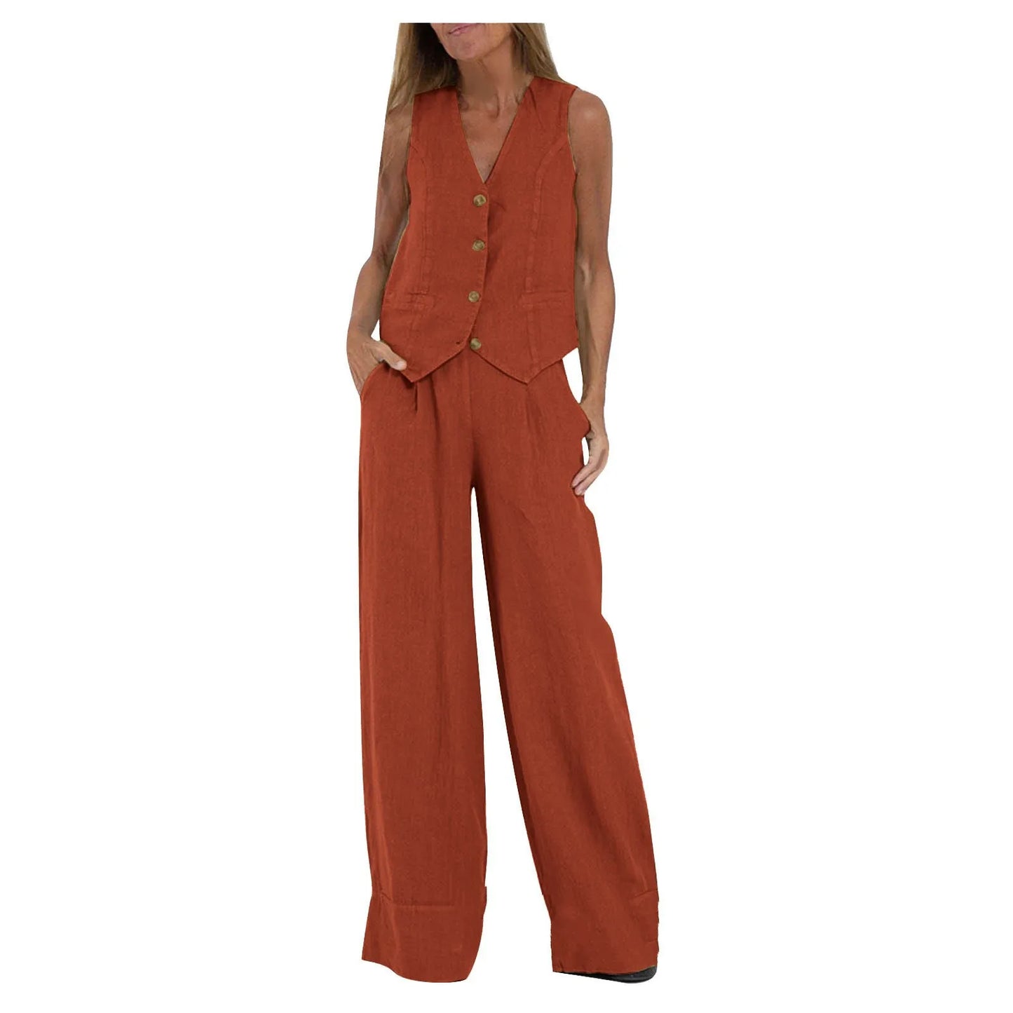 Spring Summer Suit Set Women'S Cotton Linen Wide Leg Suit Set With Sleeveless Vest Long Pants Casual Fashion Outfit 2024 New