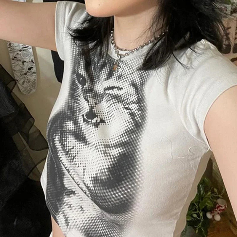 Harajuku Animal Print Crop Top Basic White Short Sleeve Crewneck T-shirt Women Casual Slim-fitting Tees Lady Vintage Style