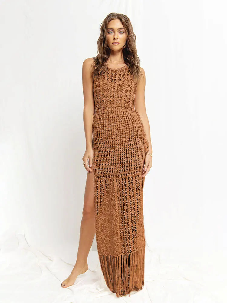 2024 White Crochet Tunic Bikini Cover-ups Sexy Hollow Out Fringed Mesh Dress Women Summer Beach Wear Swim Suit Cover Up A1289
