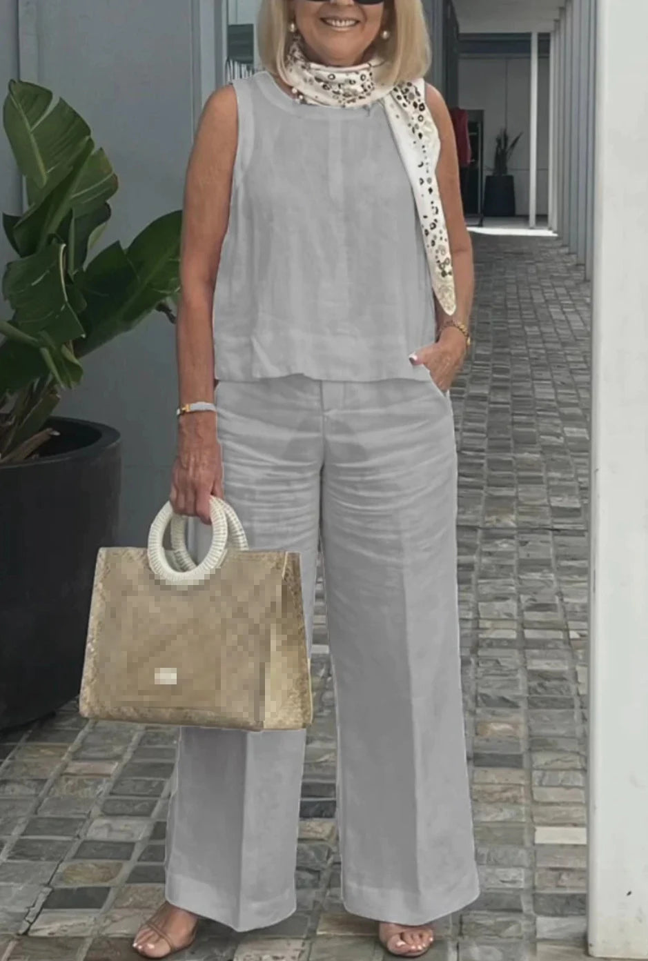 Conjuntos Para Mujeres 2 Piezas Outfit Linen Cotton Clothing Loose Sleeveless Top Wide Leg Pants Two-piece Set Casual Wear