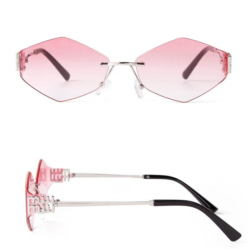 Trend Hexagon Rimless Sunglasses Women Men Brand Designer Gradient blue lens Polygon Metal Frame Driving Sun Glasses Shades Male