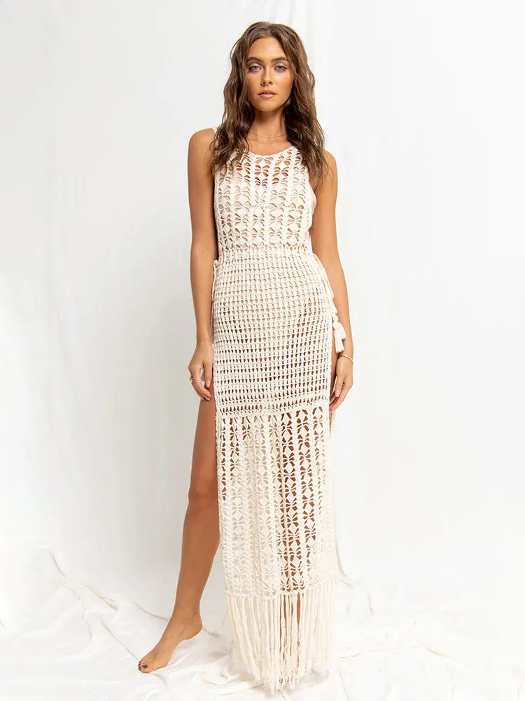 2024 White Crochet Tunic Bikini Cover-ups Sexy Hollow Out Fringed Mesh Dress Women Summer Beach Wear Swim Suit Cover Up A1289