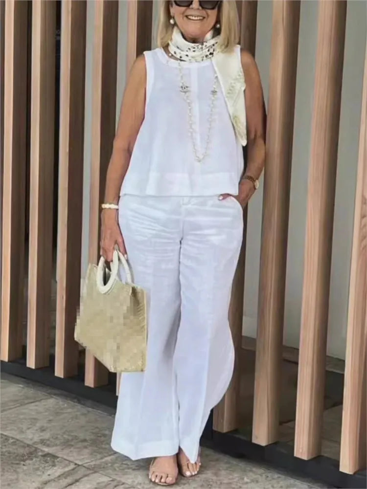 Conjuntos Para Mujeres 2 Piezas Outfit Linen Cotton Clothing Loose Sleeveless Top Wide Leg Pants Two-piece Set Casual Wear
