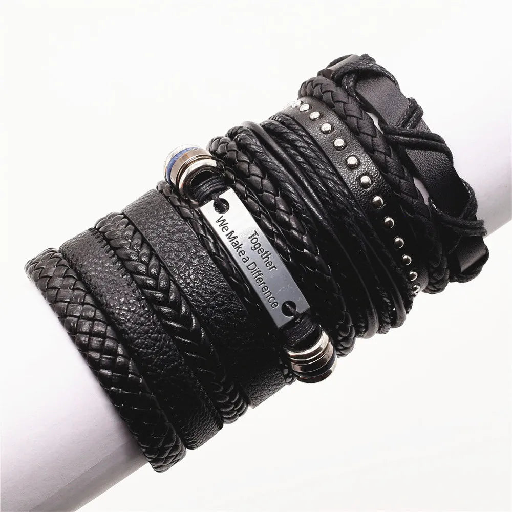 WESTBULL10pcs/set Men Leather Bracelets Set Tree Rivets Charm Multi-layer Brown Black Wrap Bracelet & Bangles