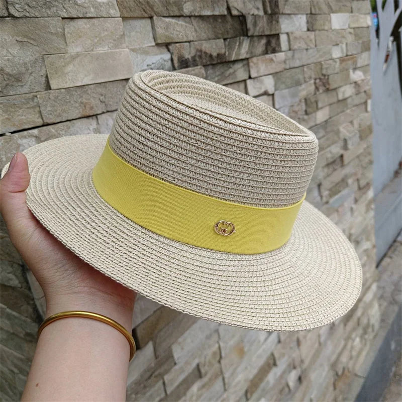 Women's Hat Bee Summer Straw Hat Flat Top Men's and Women's Straw Hat Sun Hat Beach Hat Rose Red Flat Top Straw Hat 골프모자