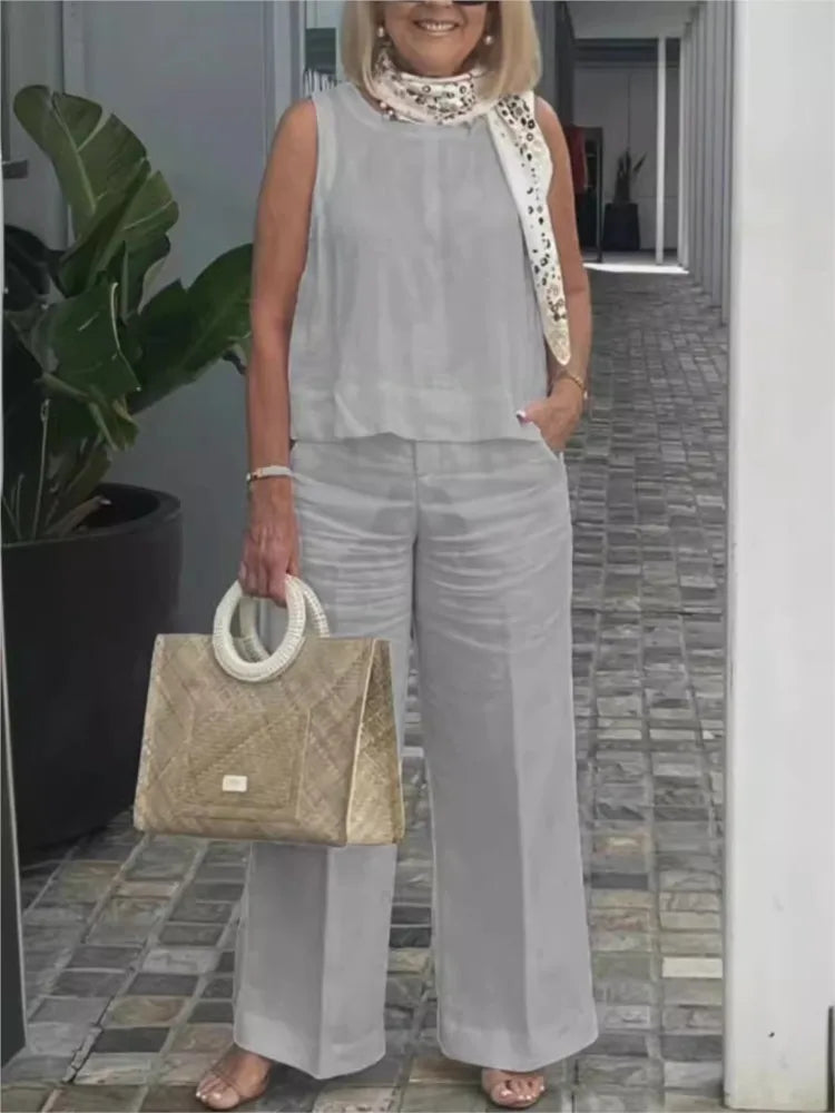 Conjuntos Para Mujeres 2 Piezas Outfit Linen Cotton Clothing Loose Sleeveless Top Wide Leg Pants Two-piece Set Casual Wear