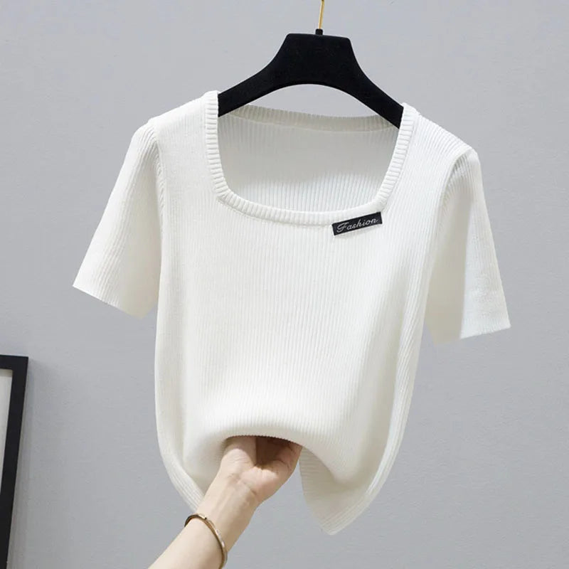 Square Collar Knitted T Shirt For Women Short Sleeve Tshirts Basic Slim Crop Tops Mujer Summer Korean Fashion Woman Clothing