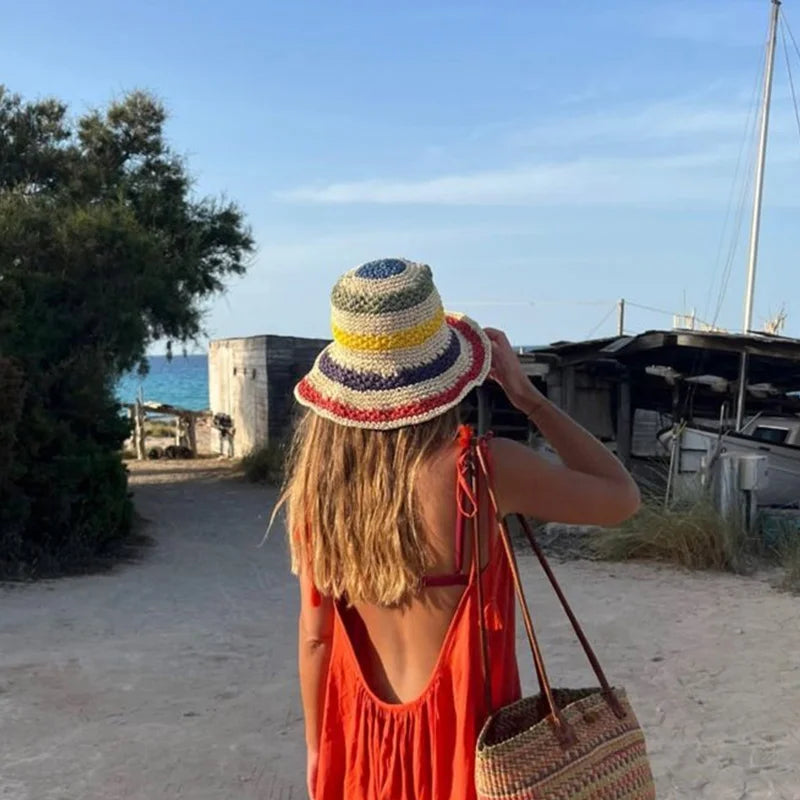 women straw hat summer Rainbow Striped Crochet Woven Straw Bucket Hat sun hat fashion Foldable straw hat travel
