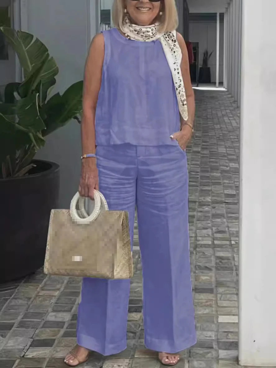Conjuntos Para Mujeres 2 Piezas Outfit Linen Cotton Clothing Loose Sleeveless Top Wide Leg Pants Two-piece Set Casual Wear