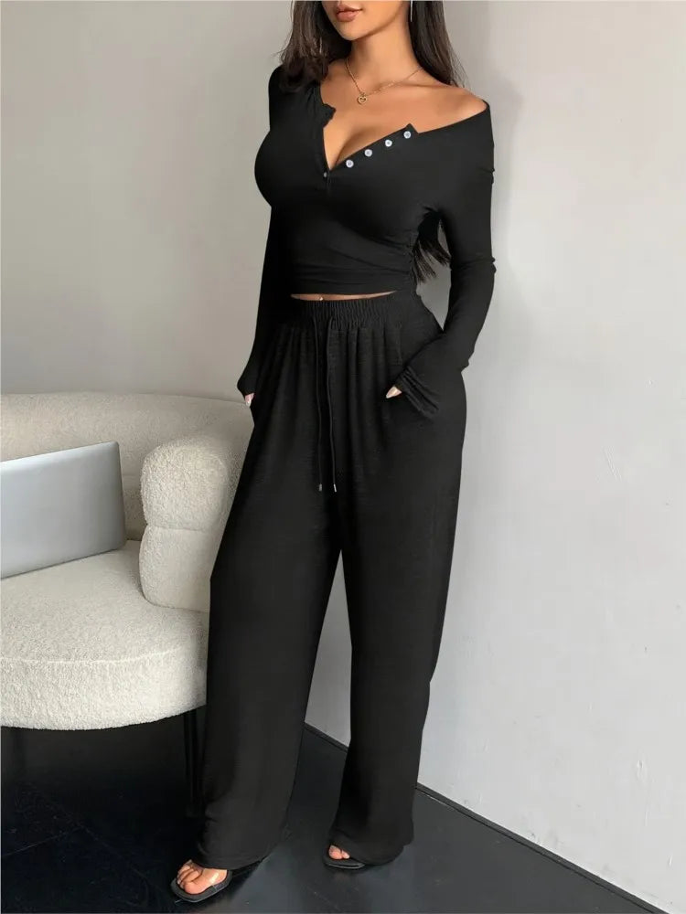 Spring Autumn Women's Fashion Button V-neck Long Sleeve T-shirt Suit Casual Lace-up Tracksuit Pants & Tight T-shirt 2 Piece Set