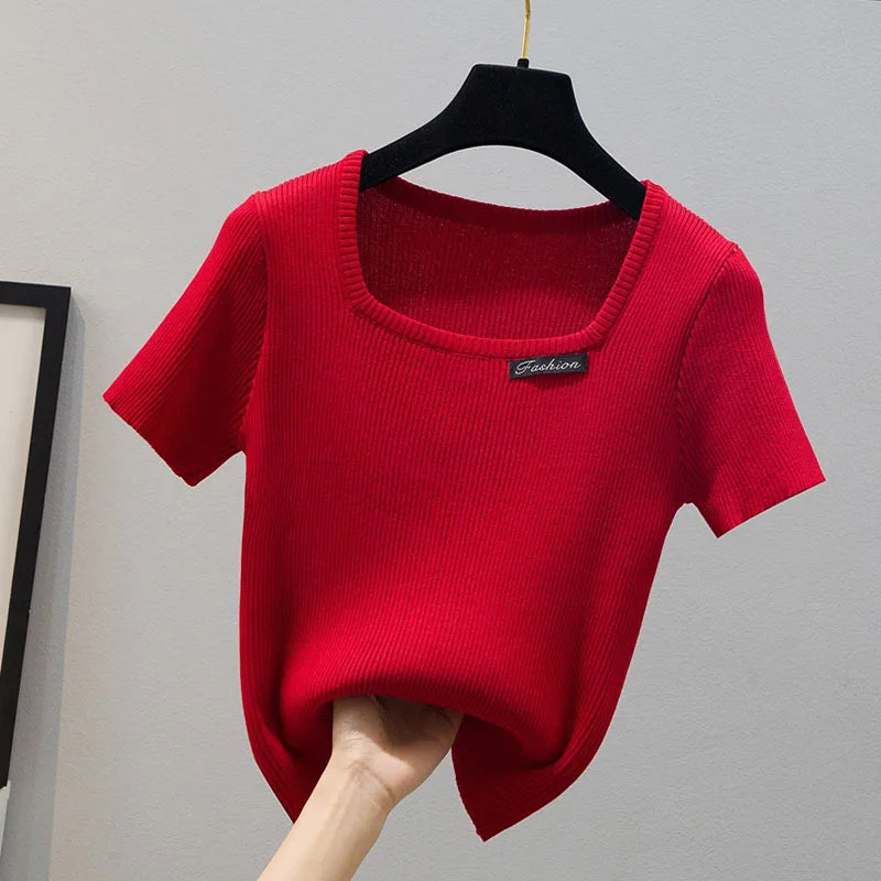 Square Collar Knitted T Shirt For Women Short Sleeve Tshirts Basic Slim Crop Tops Mujer Summer Korean Fashion Woman Clothing