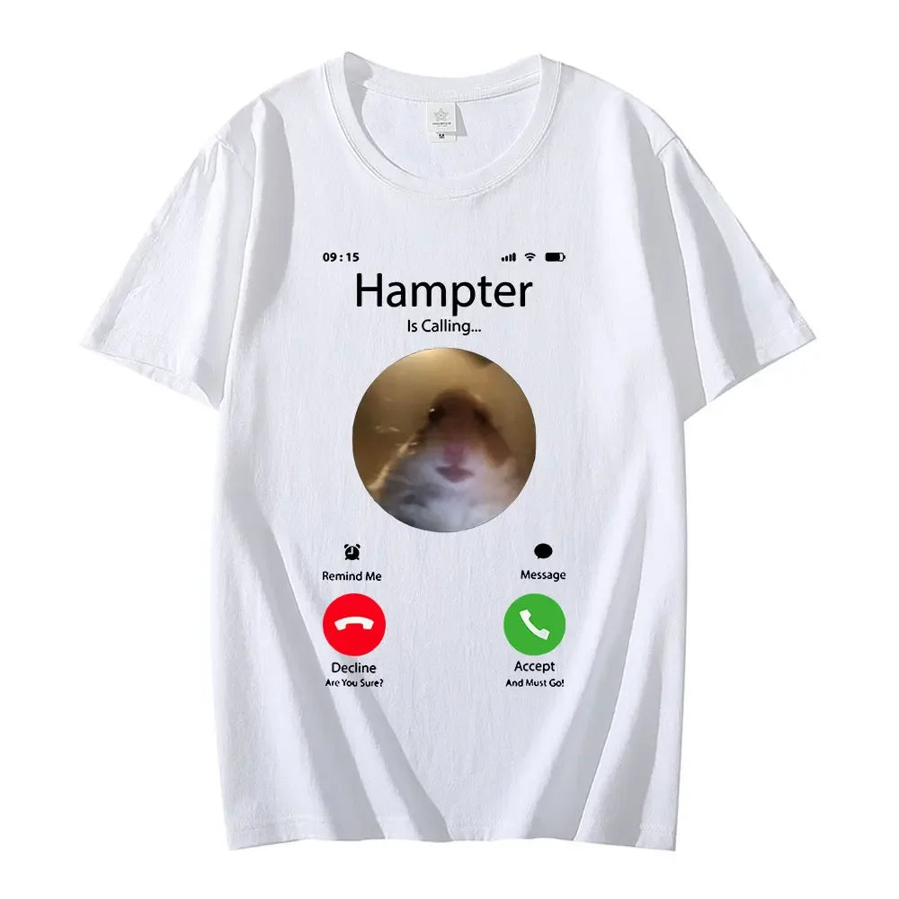 90s Dank Meme Hamster Staring Front Camera Hampter Calling T-shirt Fashion Short Sleeve T-shirts Streetwear Women T Shirt
