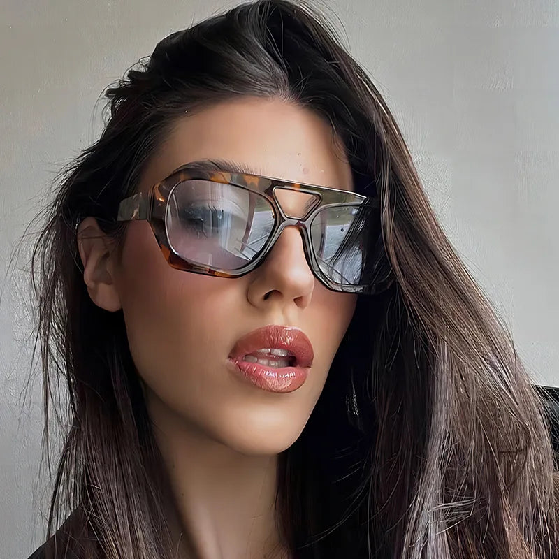 Retro Double Bridges Women's Sunglasses Big Frame Leopard Brown Gradient Eyewear Fashion Luxury Designer Sun Glasses Men Shades