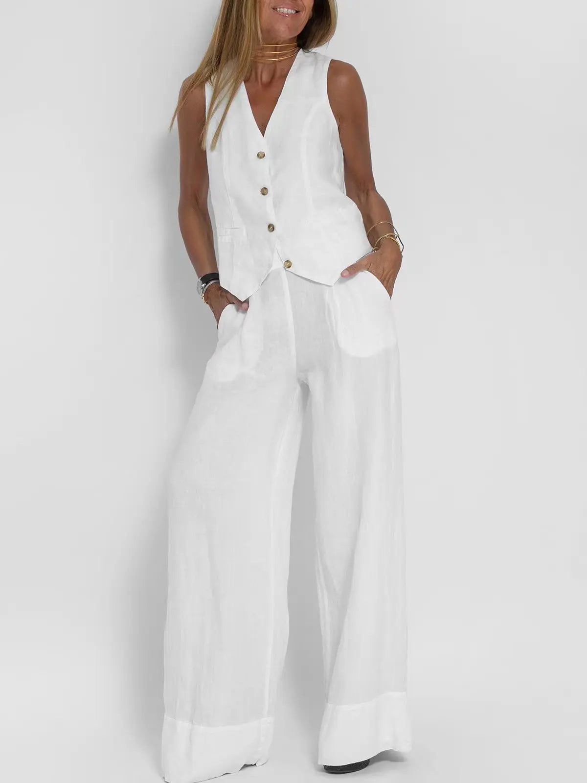 Spring Summer Suit Set Women'S Cotton Linen Wide Leg Suit Set With Sleeveless Vest Long Pants Casual Fashion Outfit 2024 New