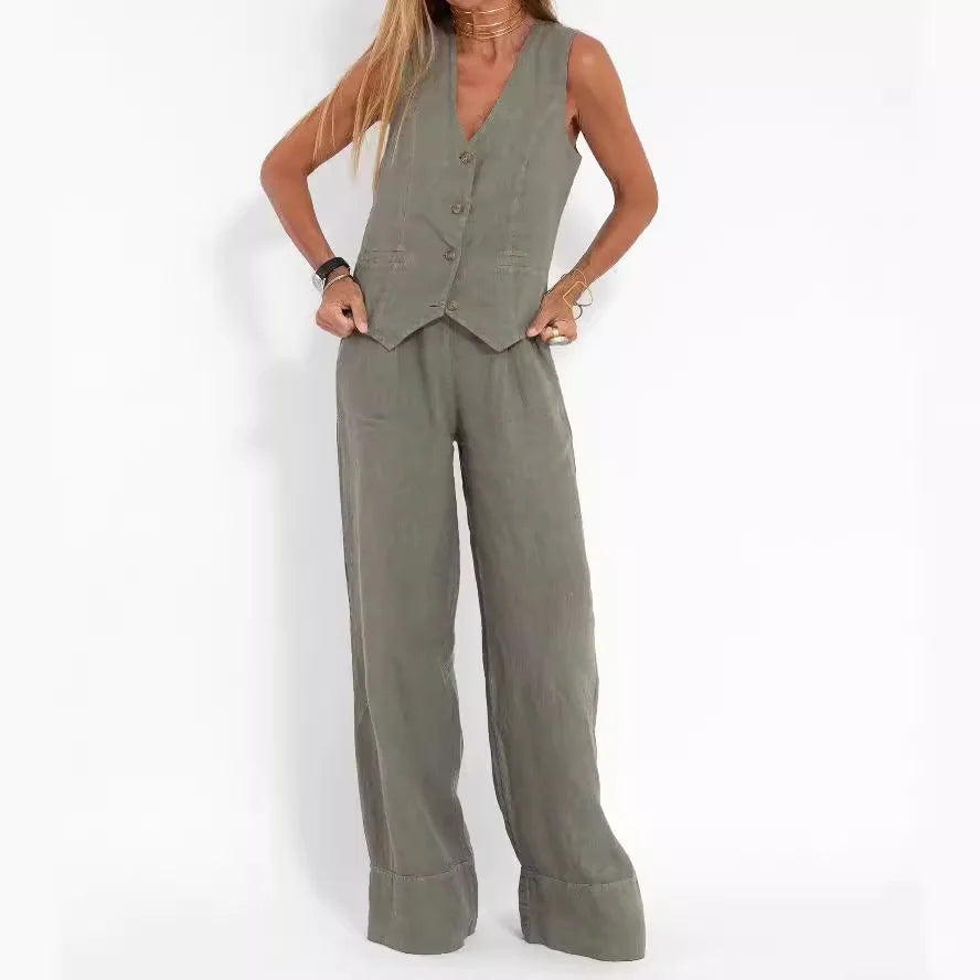 Spring Summer Suit Set Women'S Cotton Linen Wide Leg Suit Set With Sleeveless Vest Long Pants Casual Fashion Outfit 2024 New