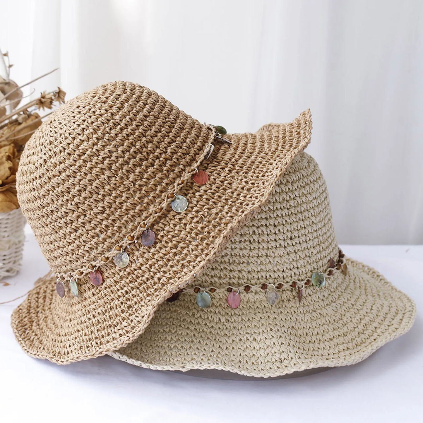 Beach Summer Sunblock Straw Hats Small Bucket Women Holiday Fresh Strap for For Beach Hat for Men Foldable Vacation Wear