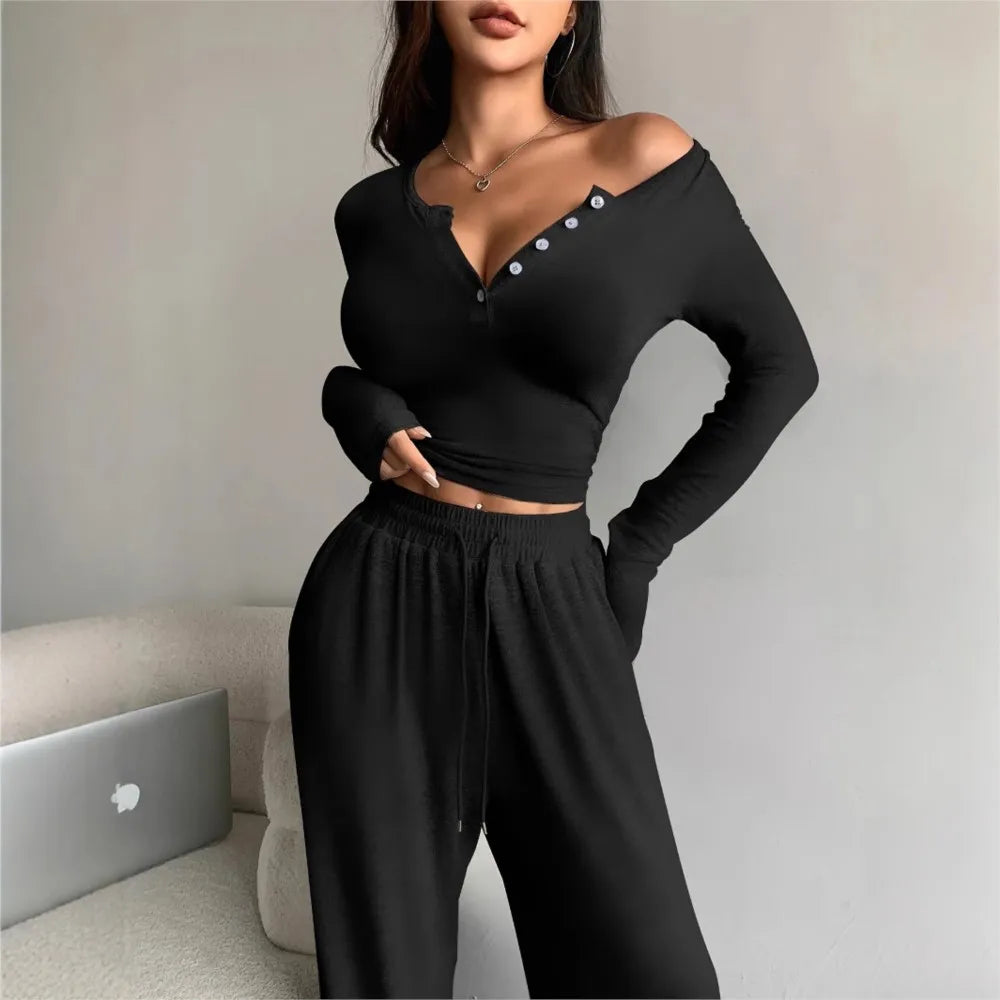 Spring Autumn Women's Fashion Button V-neck Long Sleeve T-shirt Suit Casual Lace-up Tracksuit Pants & Tight T-shirt 2 Piece Set