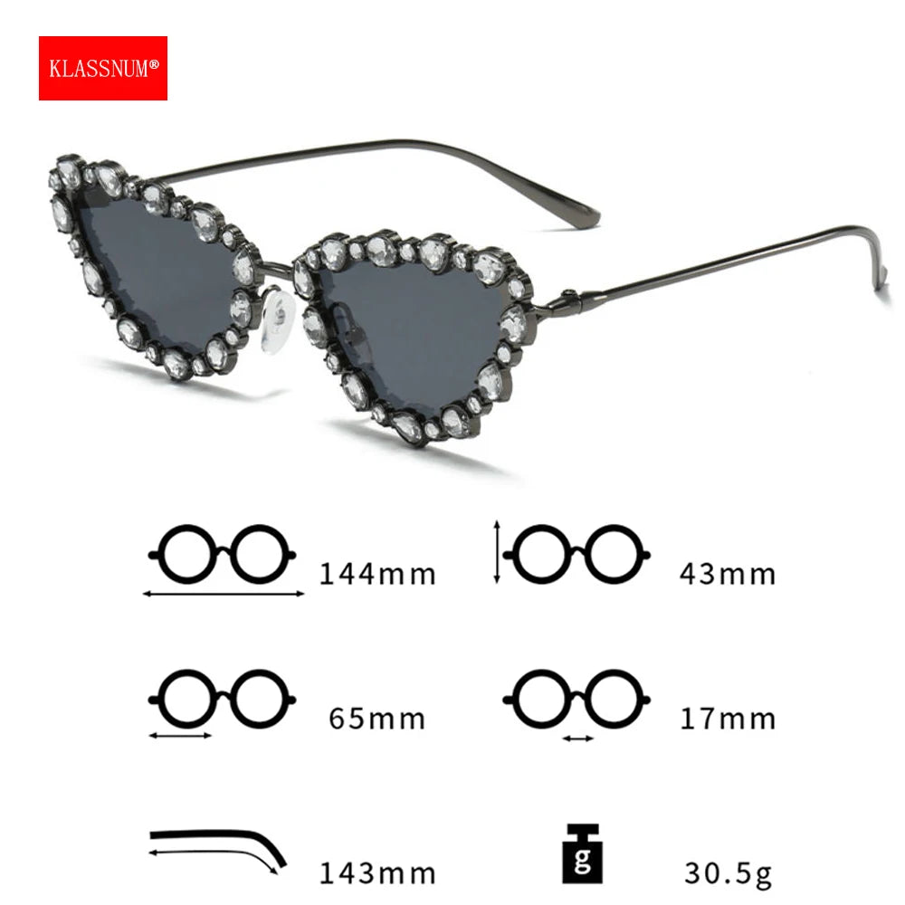 KLASSNUM Luxury Woman Sunglasses Cat-eye Rhinestone Sunglasses 2025 Trendy Party Eyepiece Glitter Metal Frame Color Lens Shades