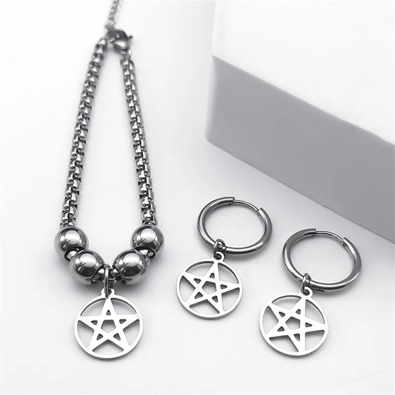 Stainless Steel Pentagram Pentacle Star Necklace for Women Men Punk Hoop Earrings Ring Bracelet Jewelry Set conjuntos de joyas
