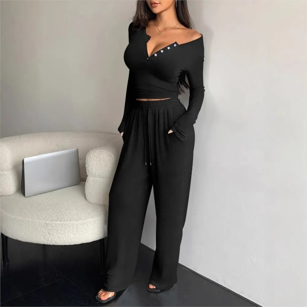 Spring Autumn Women's Fashion Button V-neck Long Sleeve T-shirt Suit Casual Lace-up Tracksuit Pants & Tight T-shirt 2 Piece Set