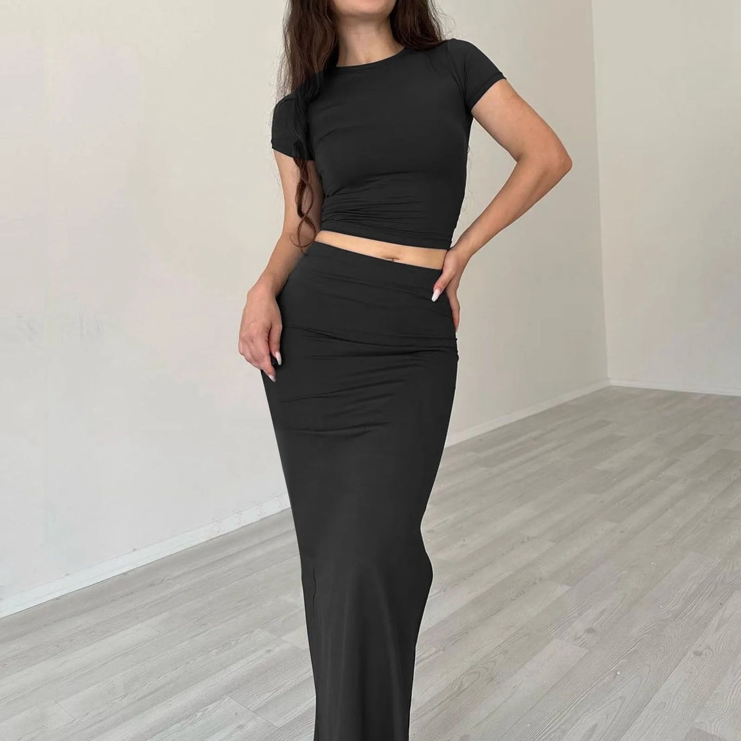 Office Lady Solid Color Long Skirt Two Piece Set Women Short Sleeves Cropped T Shirt Hip Wrap Skirt Sets 2 Piece Streetwear