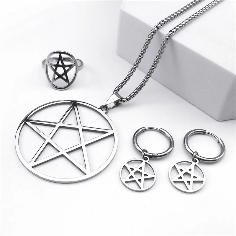 Stainless Steel Pentagram Pentacle Star Necklace for Women Men Punk Hoop Earrings Ring Bracelet Jewelry Set conjuntos de joyas