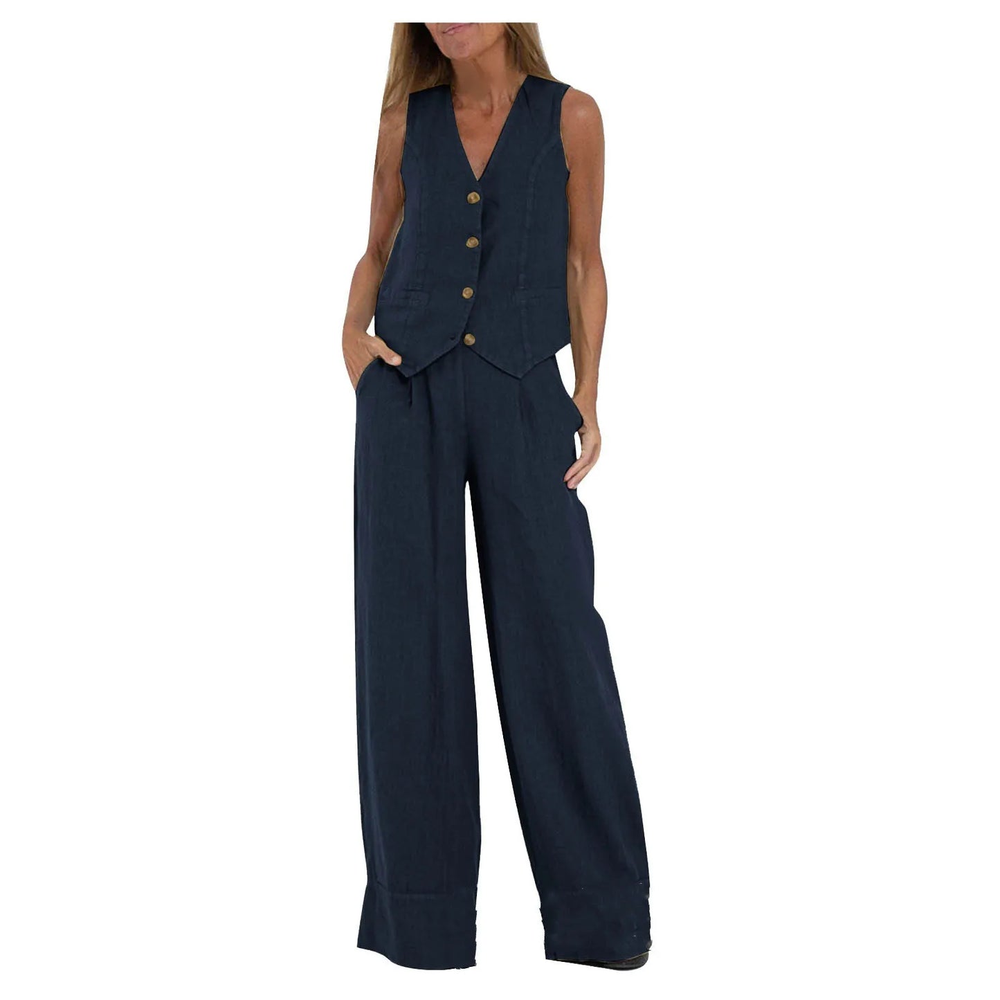 Spring Summer Suit Set Women'S Cotton Linen Wide Leg Suit Set With Sleeveless Vest Long Pants Casual Fashion Outfit 2024 New