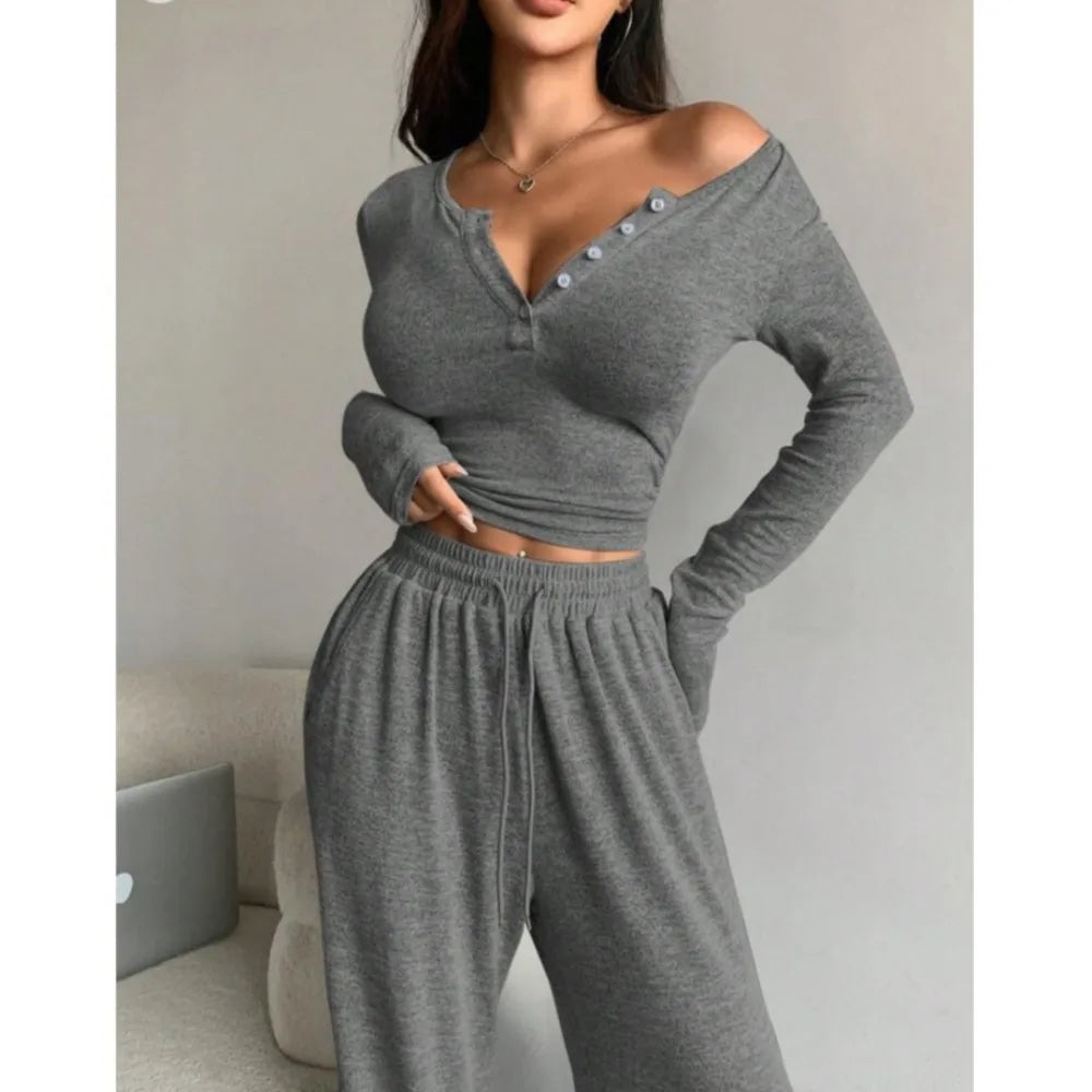 Spring Autumn Women's Fashion Button V-neck Long Sleeve T-shirt Suit Casual Lace-up Tracksuit Pants & Tight T-shirt 2 Piece Set