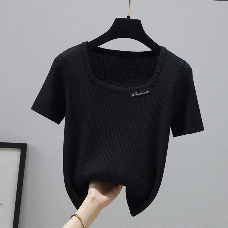 Square Collar Knitted T Shirt For Women Short Sleeve Tshirts Basic Slim Crop Tops Mujer Summer Korean Fashion Woman Clothing