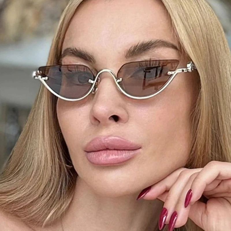 New Lower Half-frame Cat-Eye Sunglasses, Luxury And High-End Metal Sunglasses, Retro Fashion Sunglasses With Concave Shape UV400