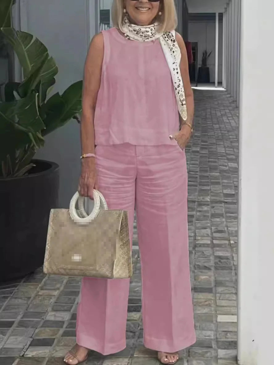 Conjuntos Para Mujeres 2 Piezas Outfit Linen Cotton Clothing Loose Sleeveless Top Wide Leg Pants Two-piece Set Casual Wear