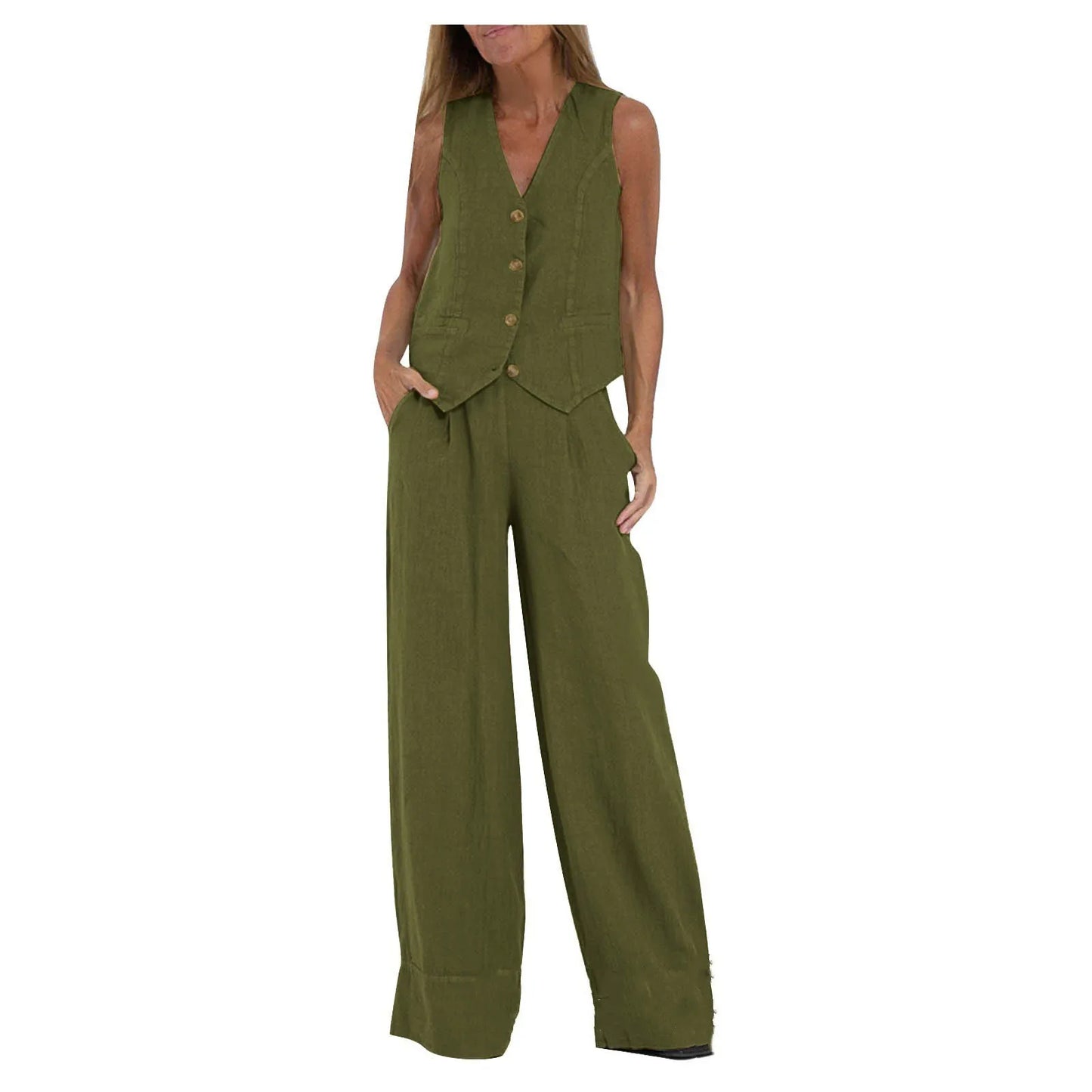 Spring Summer Suit Set Women'S Cotton Linen Wide Leg Suit Set With Sleeveless Vest Long Pants Casual Fashion Outfit 2024 New