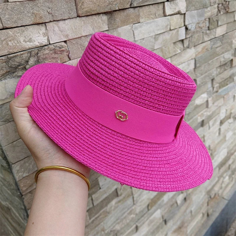 Women's Hat Bee Summer Straw Hat Flat Top Men's and Women's Straw Hat Sun Hat Beach Hat Rose Red Flat Top Straw Hat 골프모자